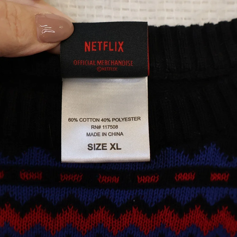 Stranger Things Mens XL Sweater Black Blue Red Demogorgon Cast Holiday Knit